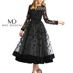 Mac Duggal Black Floral Appliqué Midi Dress